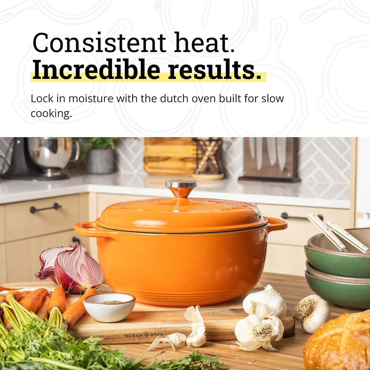 Orange enamel Dutch oven with lid for stovetop cooking