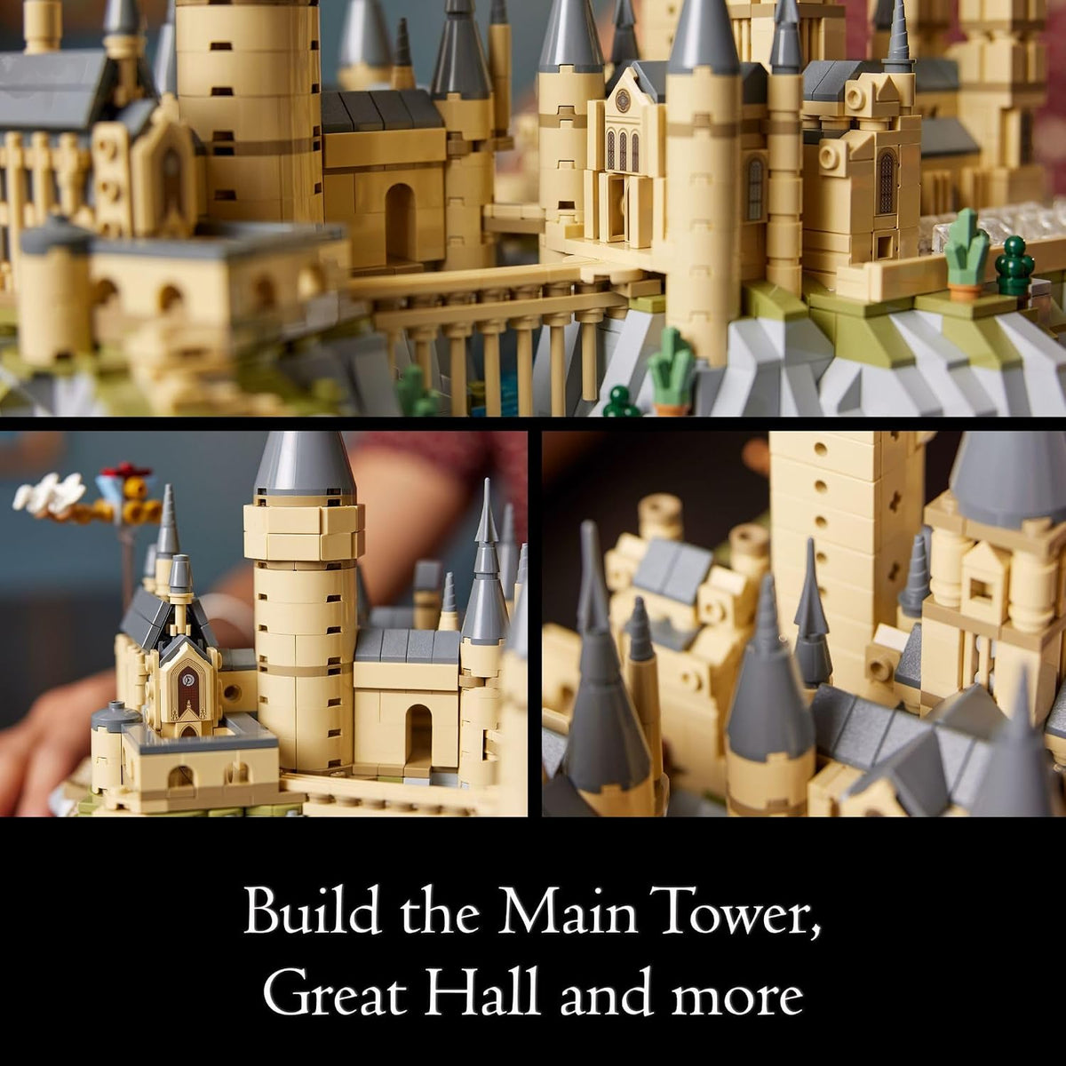 LEGO Hogwarts Castle display model with nameplate