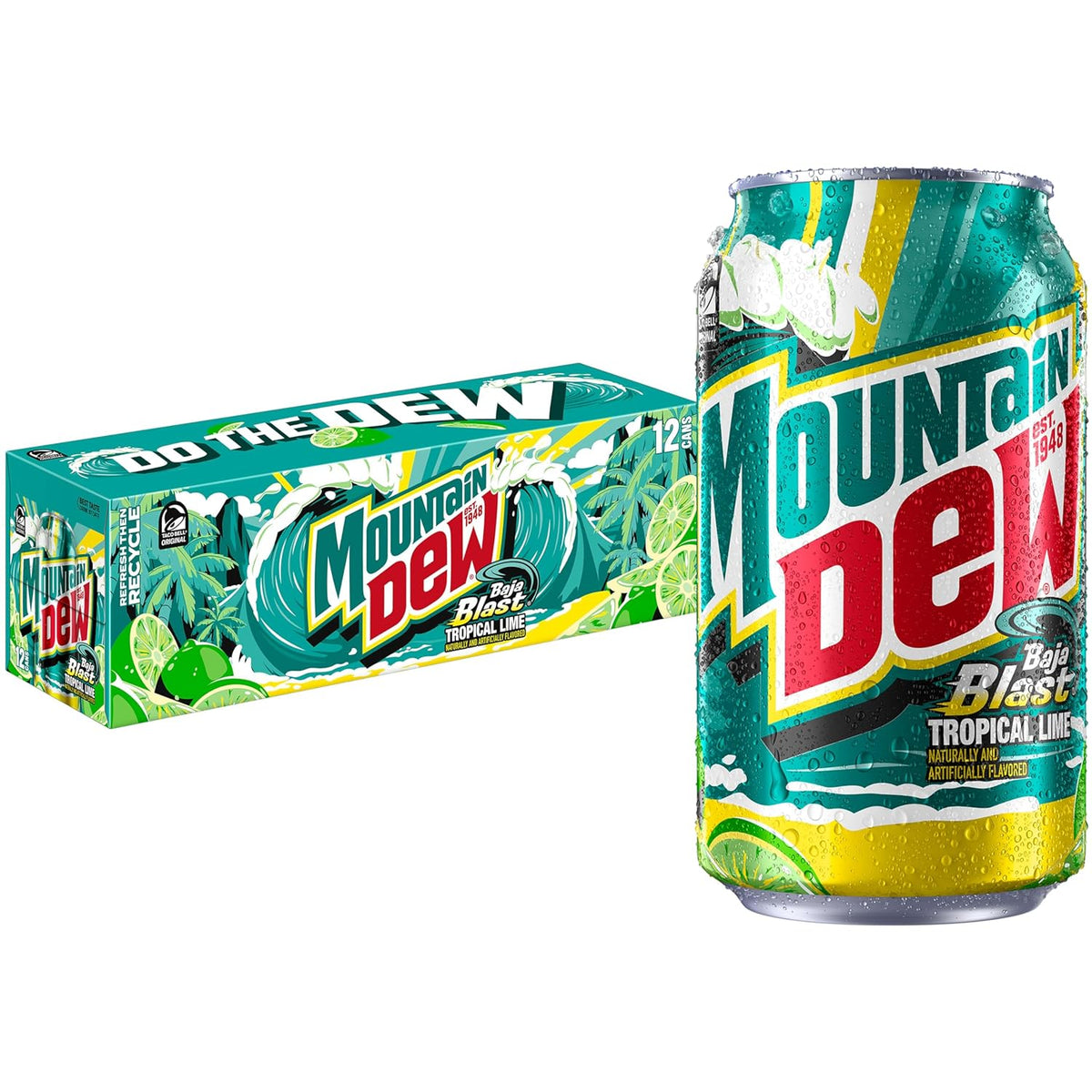 Mountain Dew Baja Blast tropical lime soda cans