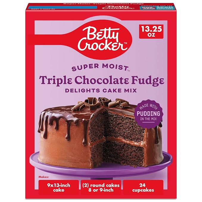 Betty Crocker Delights Triple Chocolate Fudge Cake Mix box