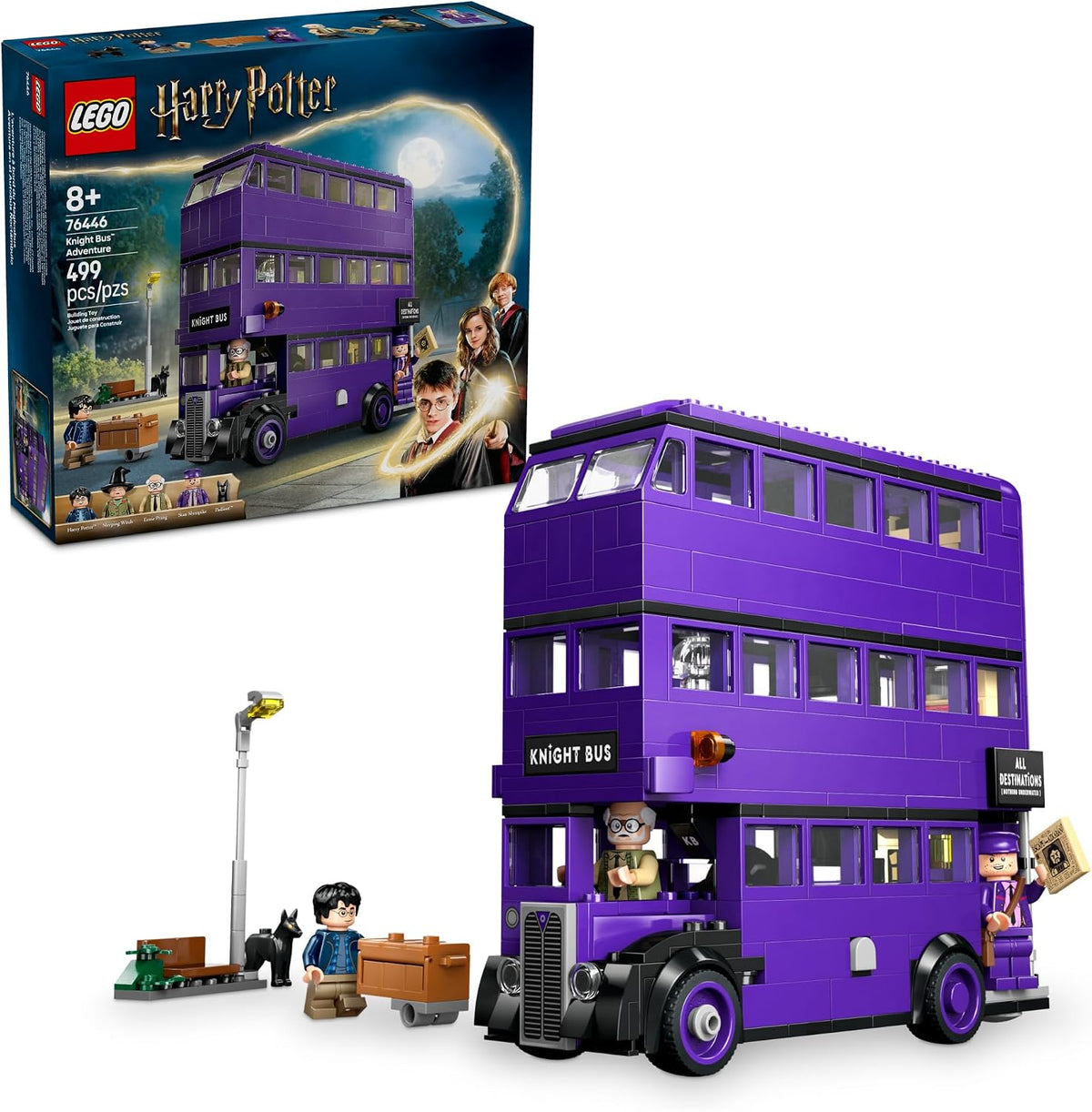 Triple-decker Knight Bus LEGO model with minifigures
