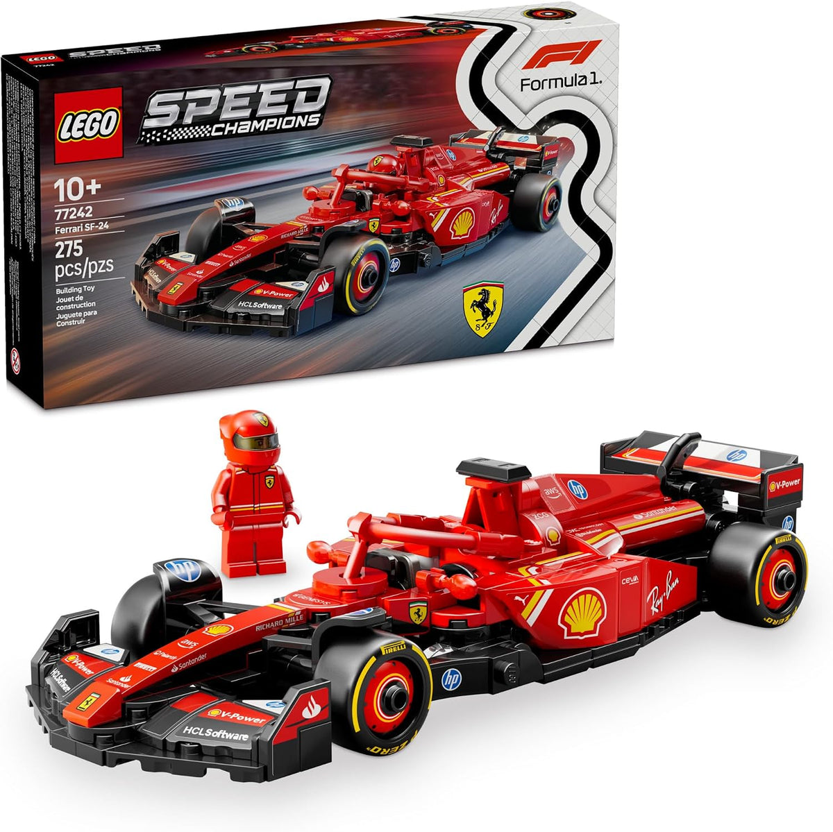 LEGO Ferrari SF-24 F1 model car with driver minifigure