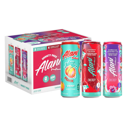 Alani Nu Cherry Slush Juicy Peach Hawaiian Shaved Ice cans