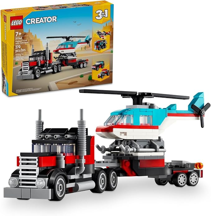 LEGO Creator 3 in 1 flatbed truck with helicopter toy set