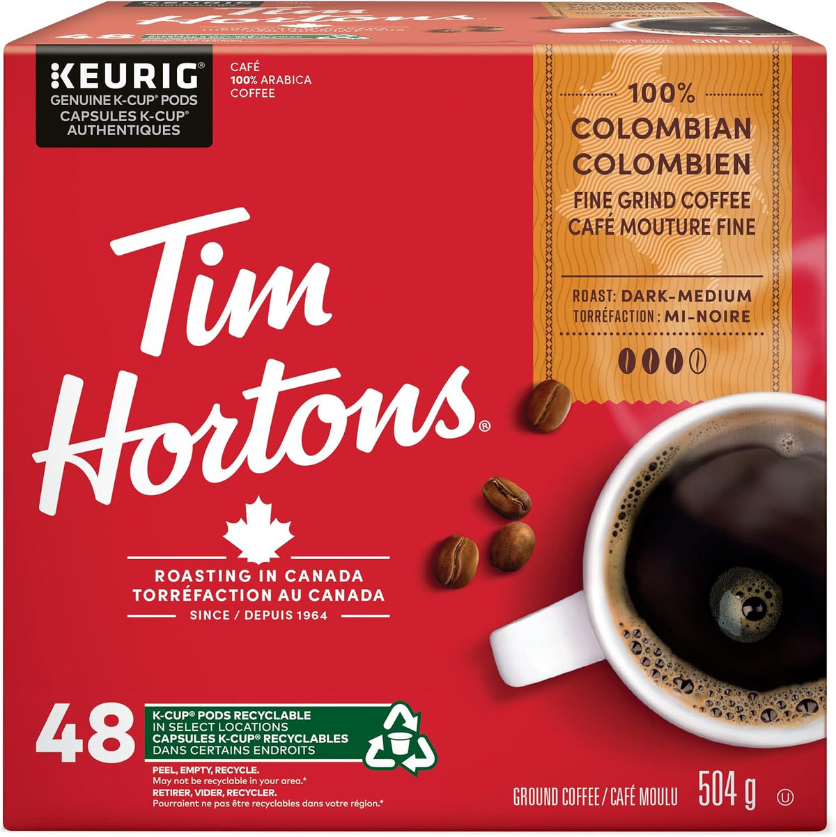 Tim Hortons medium roast Colombian coffee pods packaging