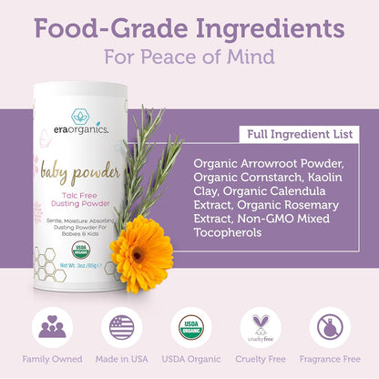 Visit the Era Organics Store — Era Organics Talc-Free Organic Baby Powder - USDA Organic Dusting Powder with Arrowroot, Calendula and Cornstarch for Newborns, Babies or Toddlers - Soothing, Fragrance Free, Made in USA (3oz/85g)