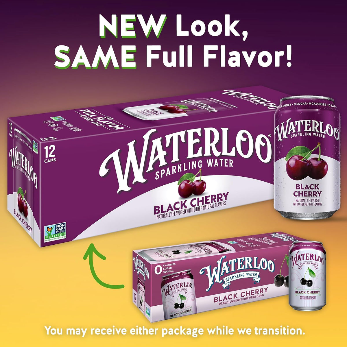 Black cherry flavored sparkling water cans by Waterloo