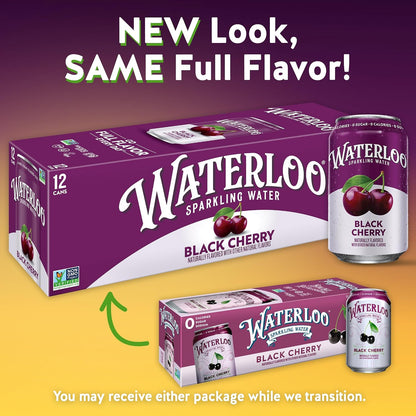 Black cherry flavored sparkling water cans by Waterloo