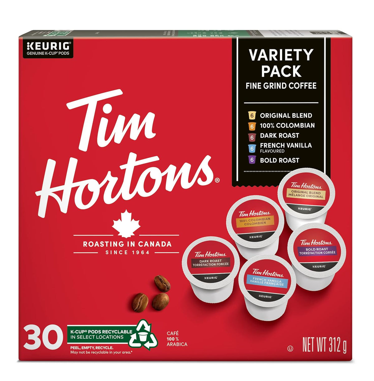 Tim Hortons Original Dark Roast Colombian Bold Roast French Vanilla pods
