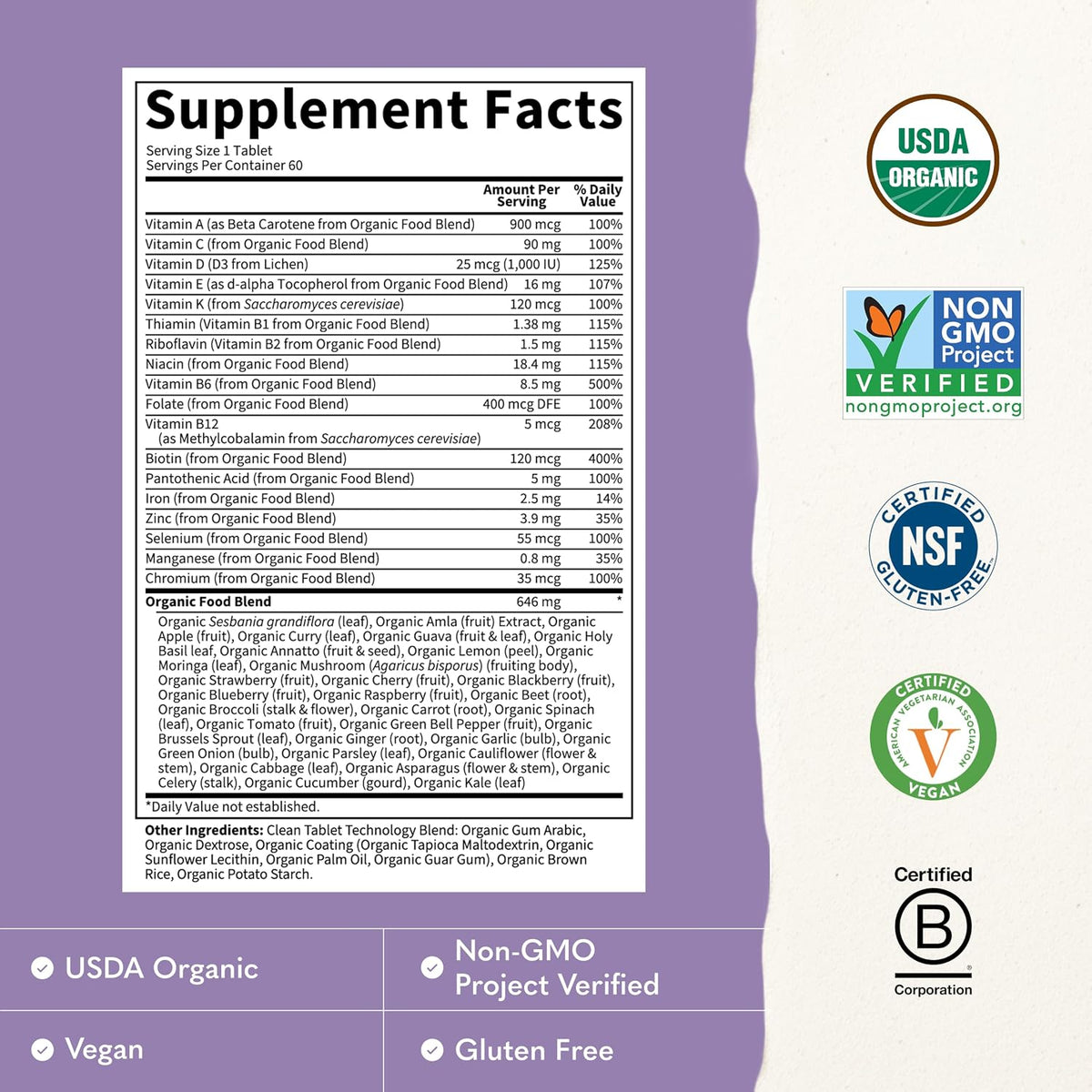 Certified organic women’s multivitamin nutrition supplement