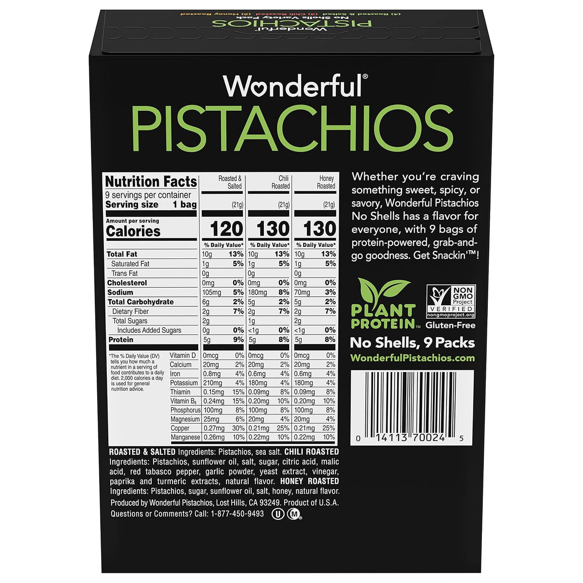 Chili roasted and honey roasted pistachio variety bags