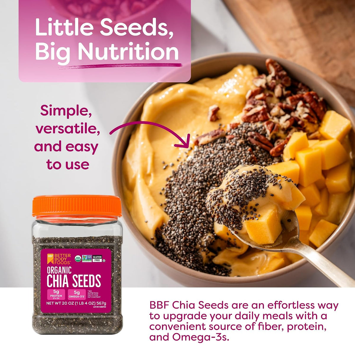 Flavor-neutral chia seeds for baking and toppings