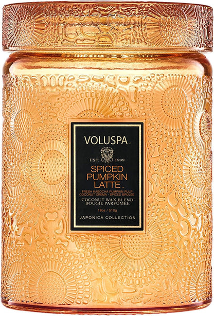 Voluspa Spiced Pumpkin Latte candle in a floral-print jar