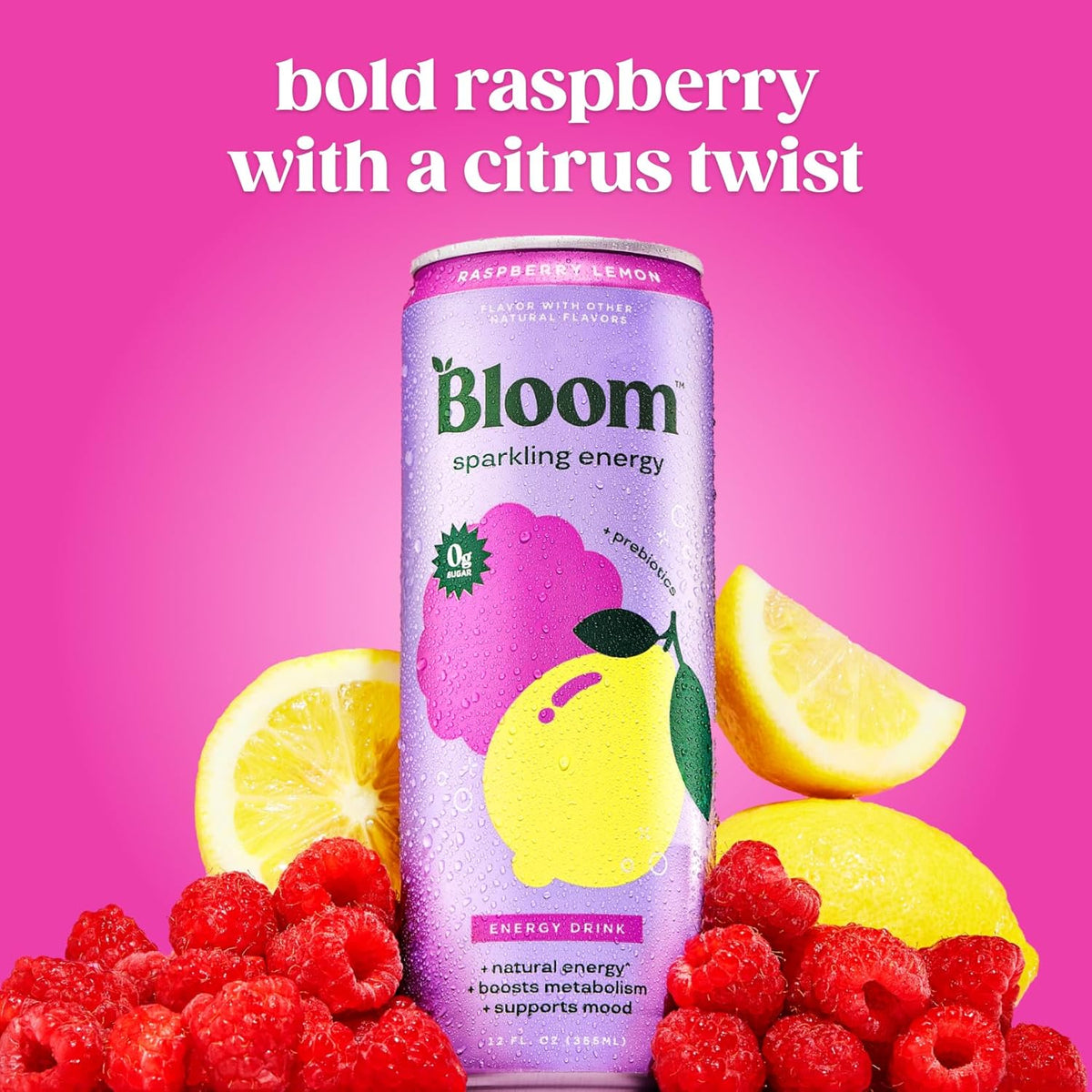 Zero sugar Raspberry Lemon energy drink by Bloom Nutrition
