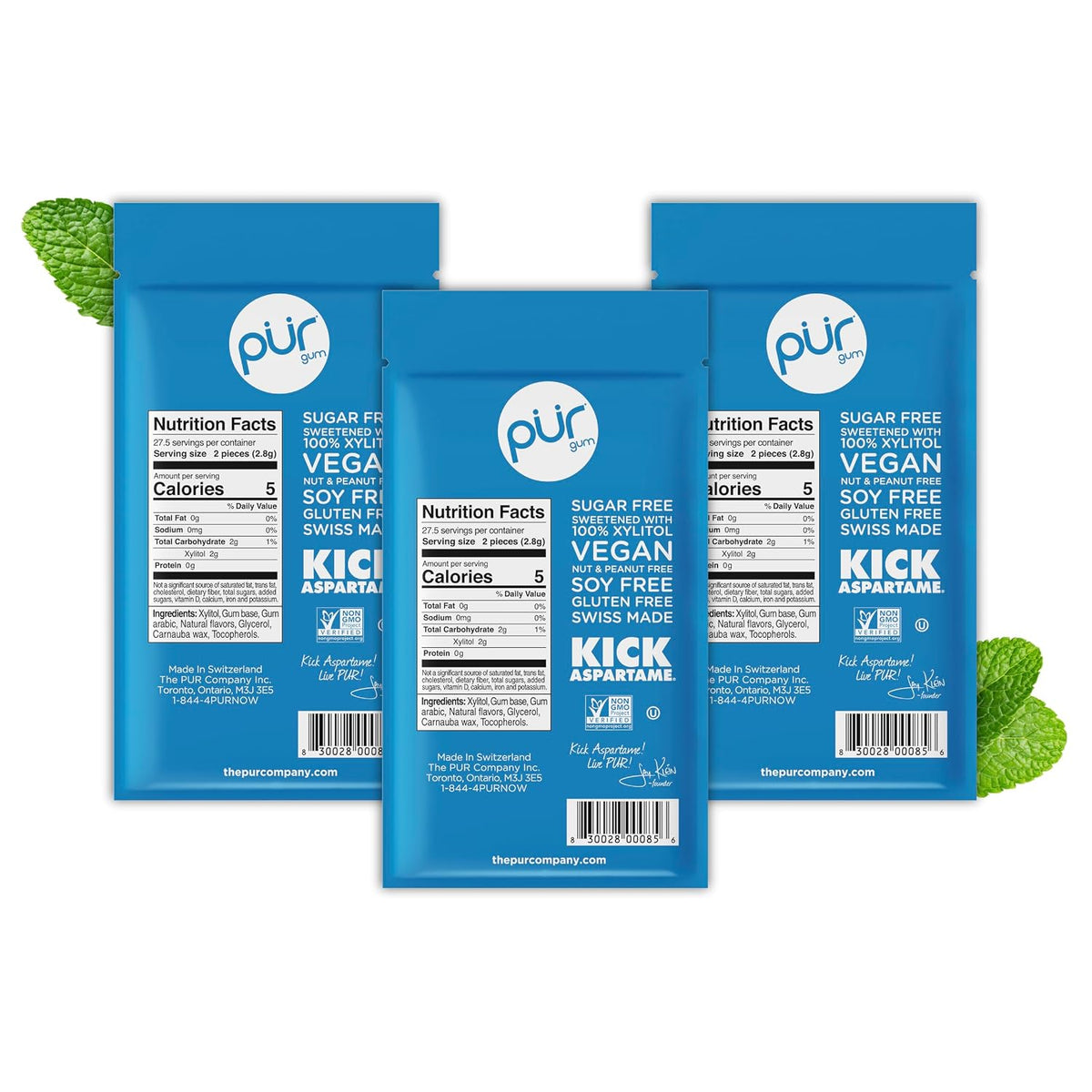 PUR xylitol chewing gum three pack 55 count bags
