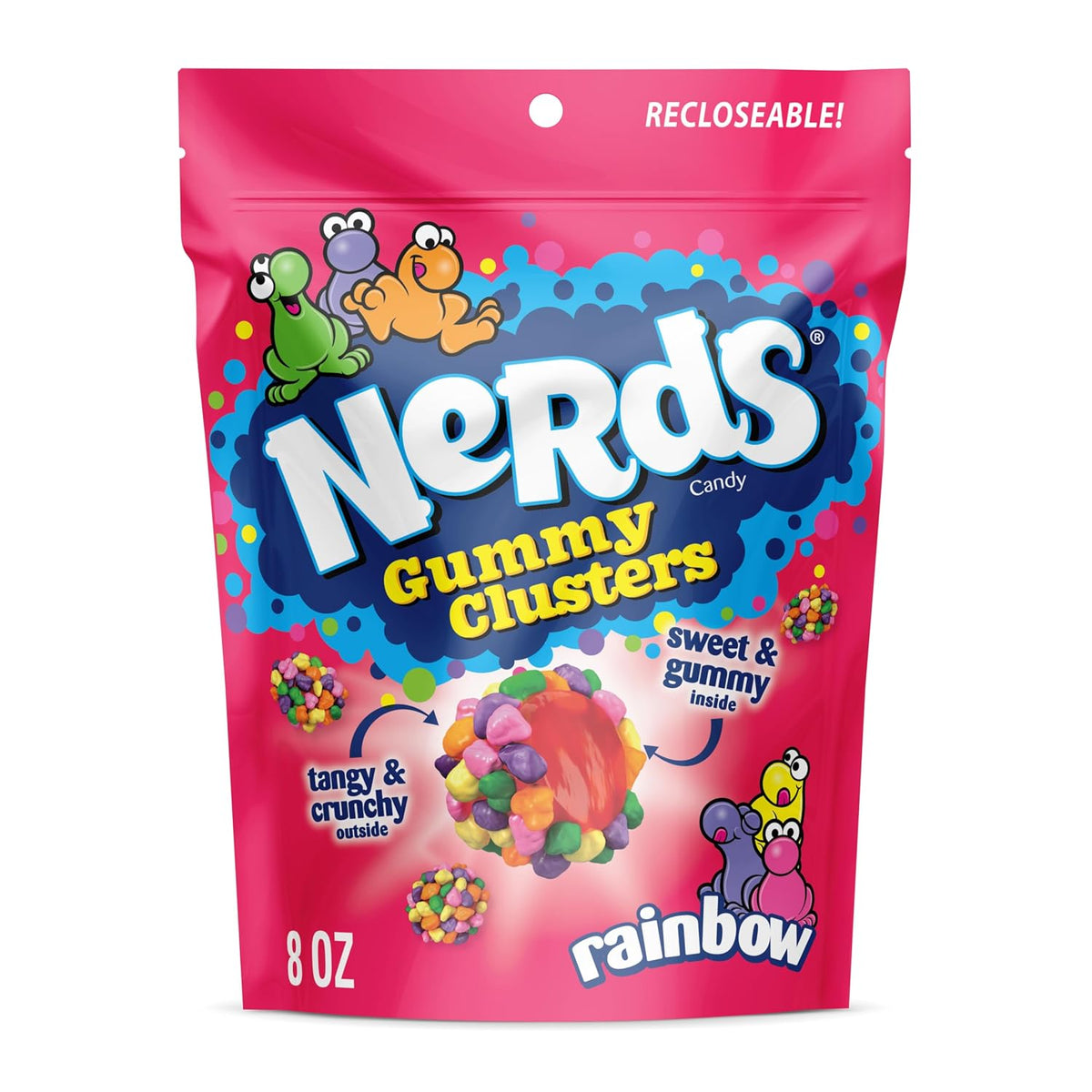 Colorful crunchy and gummy candy clusters