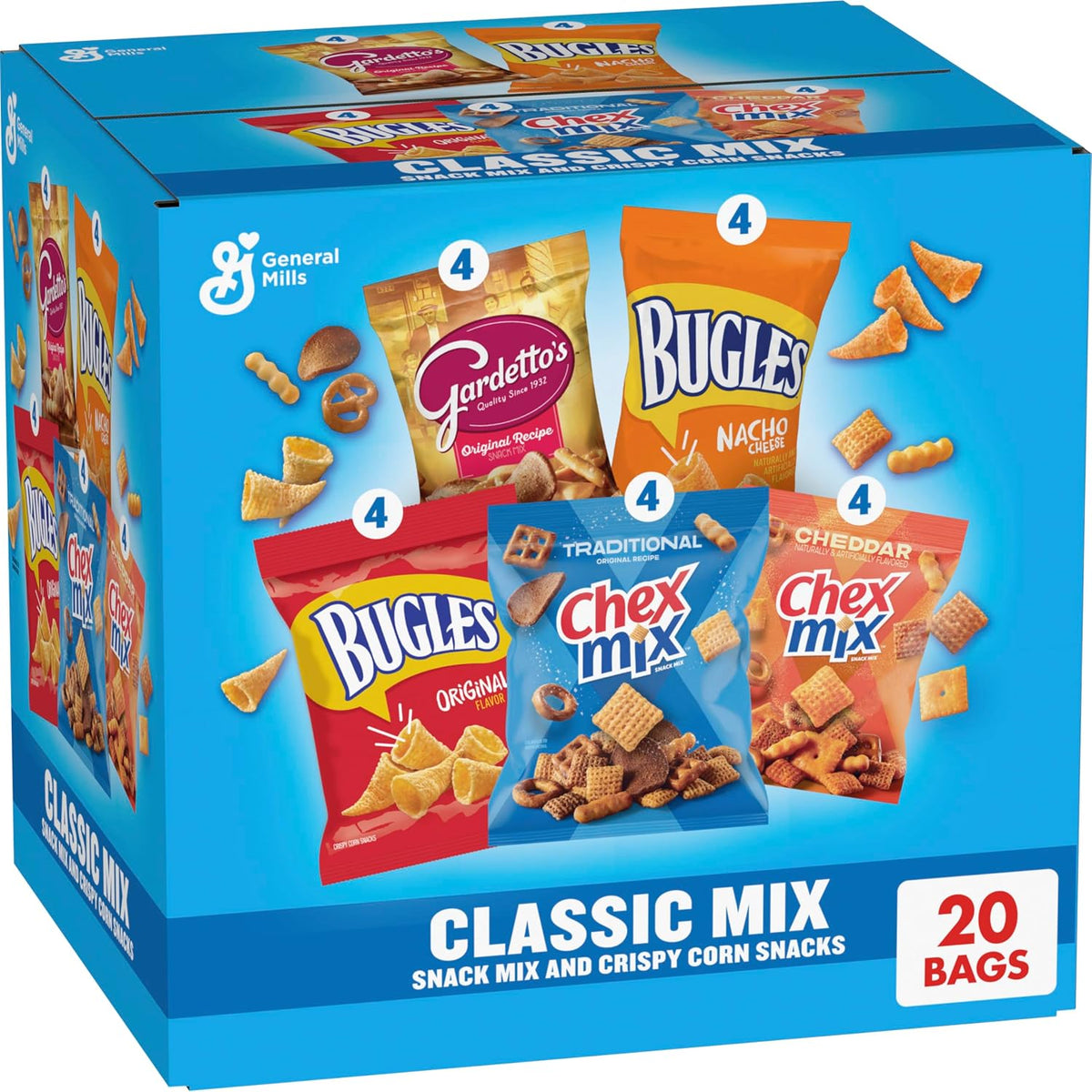 Bugles Gardetto's and Chex Mix single serve snack bags