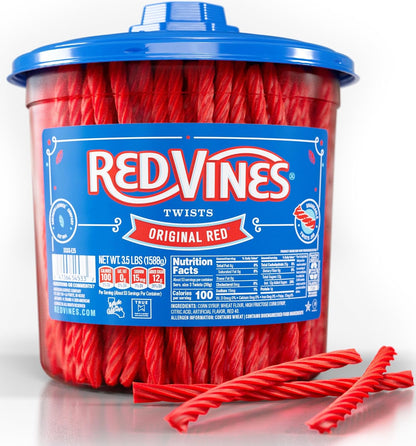 Soft chewy Red Vines red licorice twists in jar
