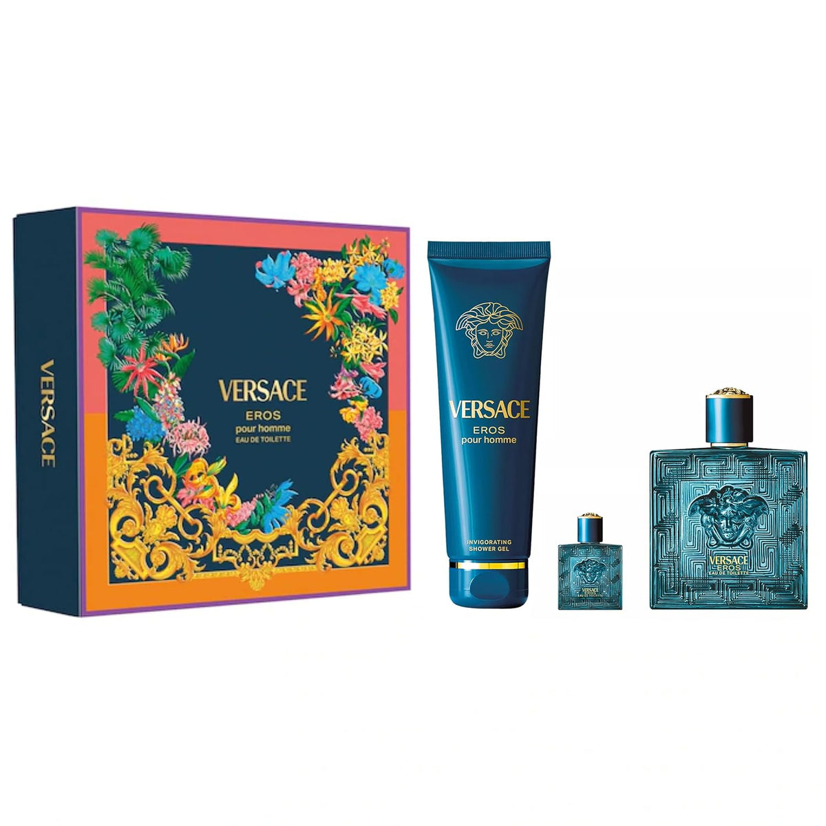 Versace Eros blue bottle with Medusa detail