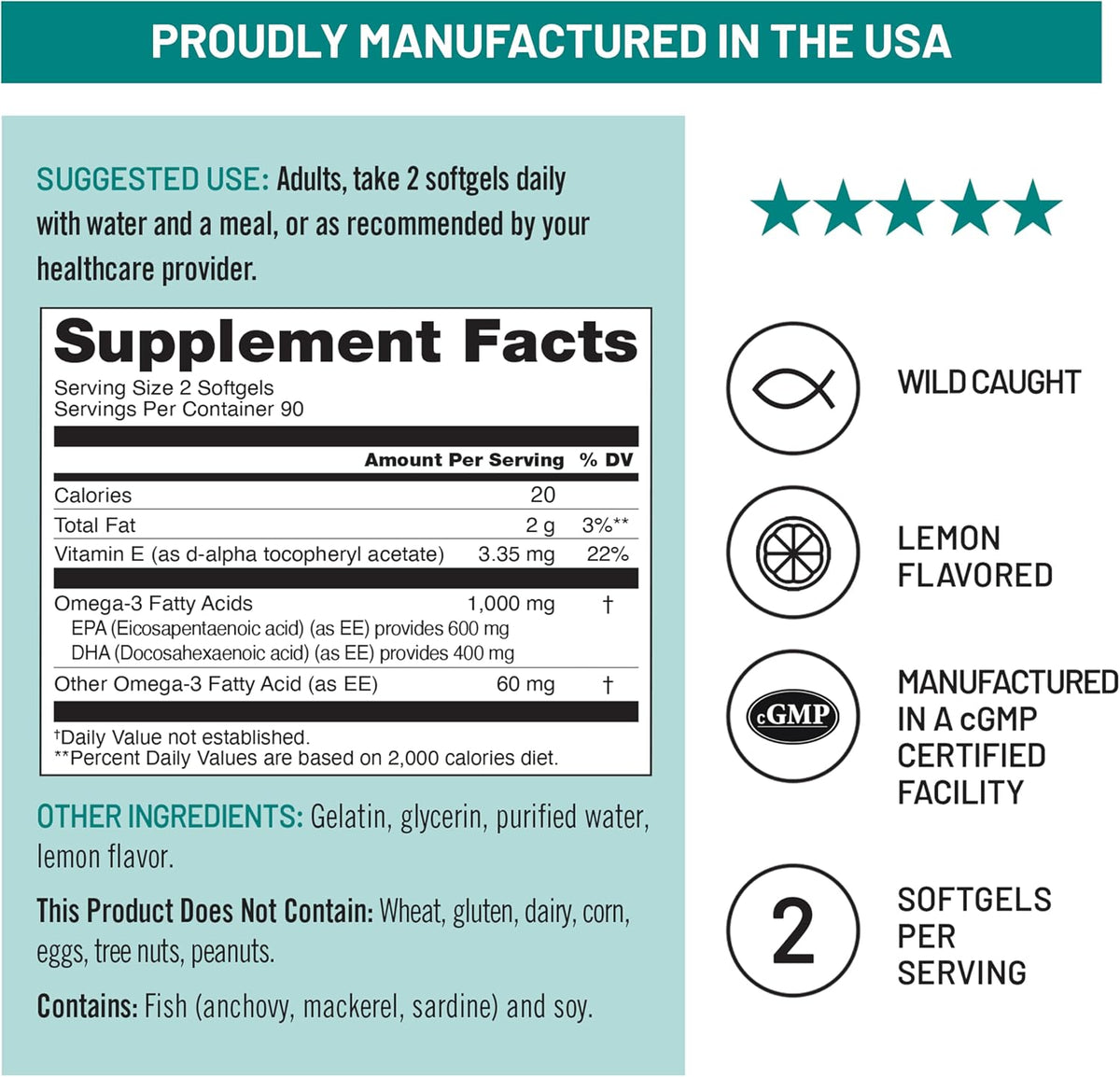 GMO-free omega 3 softgels 3-month supply bottle