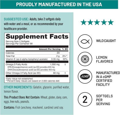 GMO-free omega 3 softgels 3-month supply bottle