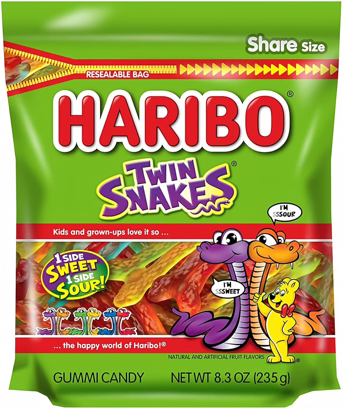 Coiled twin snake gummies with fruity flavors