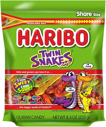 Coiled twin snake gummies with fruity flavors