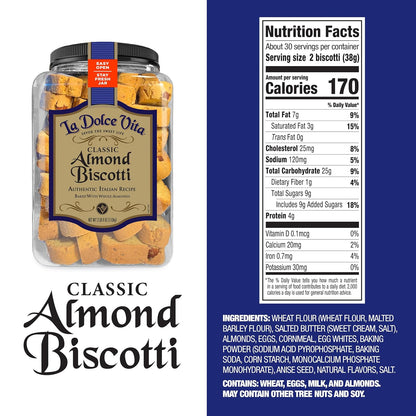 La Dolce Vita Classic Almond Italian Biscotti Cookie Snacks with Whole Almonds, 40 oz. Jar, 30 Servings (Pack of 1)