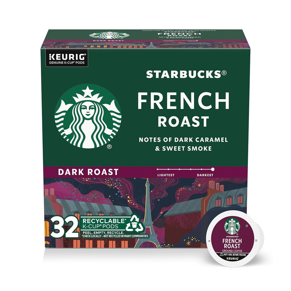 Starbucks dark roast K-Cup pods for hot or iced coffee