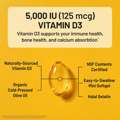 Vitamin D3 softgels with organic olive oil for absorption