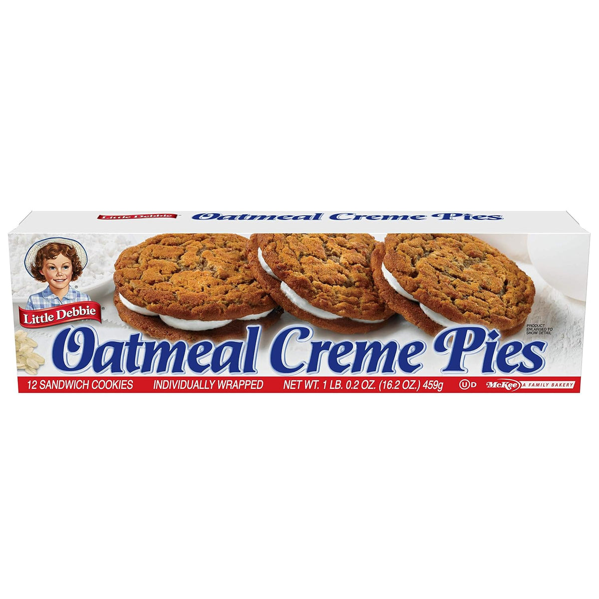 Individually wrapped Little Debbie oatmeal creme sandwich cookies