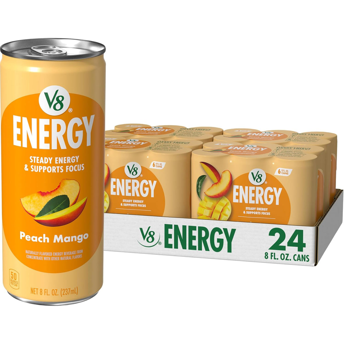 V8 Energy Peach Mango 8 fl oz can front view