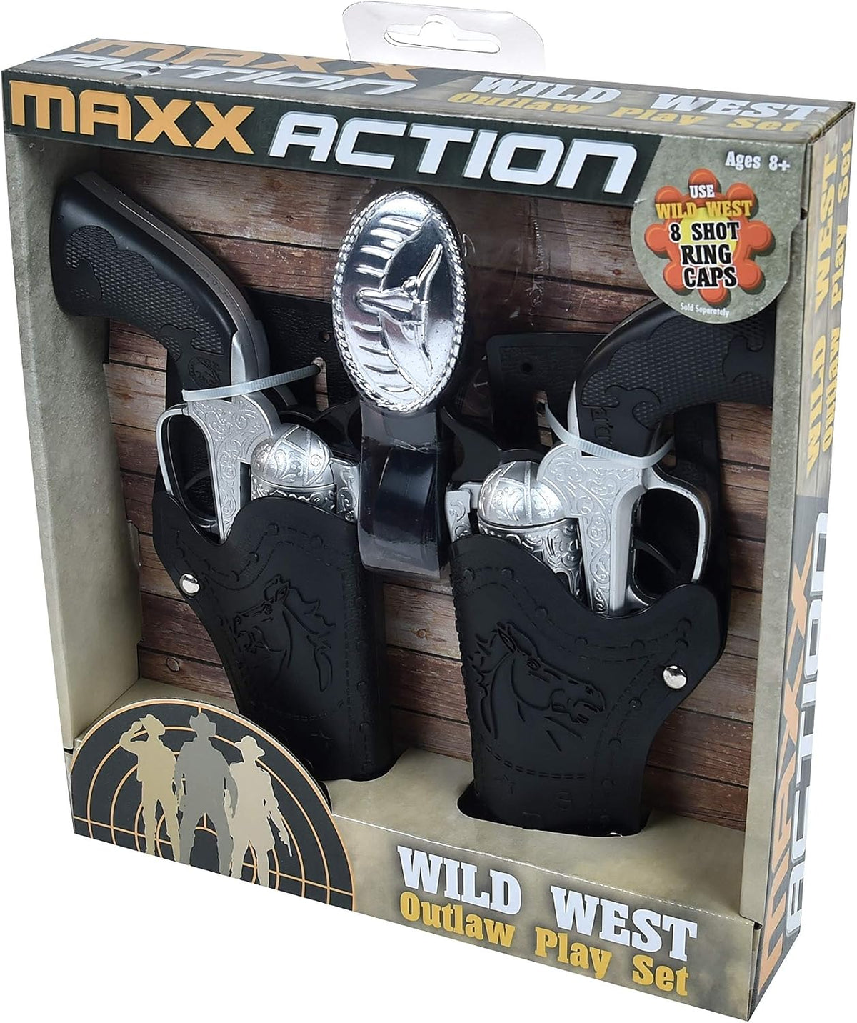 Silver-tone toy cap pistols with Western-inspired detailing