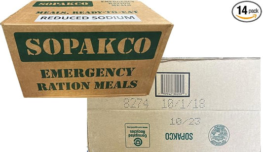 Sopakco reduced sodium MRE meals in a 14-meal case