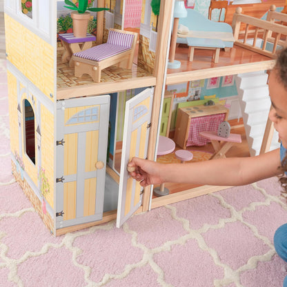 Kids dollhouse playset with garage doors and attic nursery