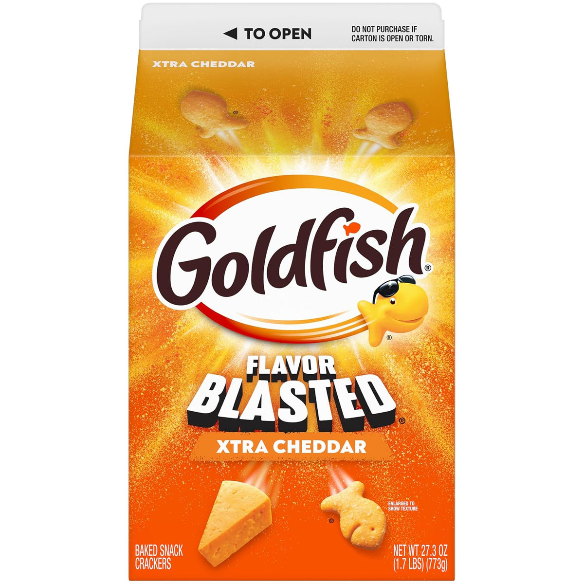 Goldfish Xtra Cheddar cheese crackers carton front view
