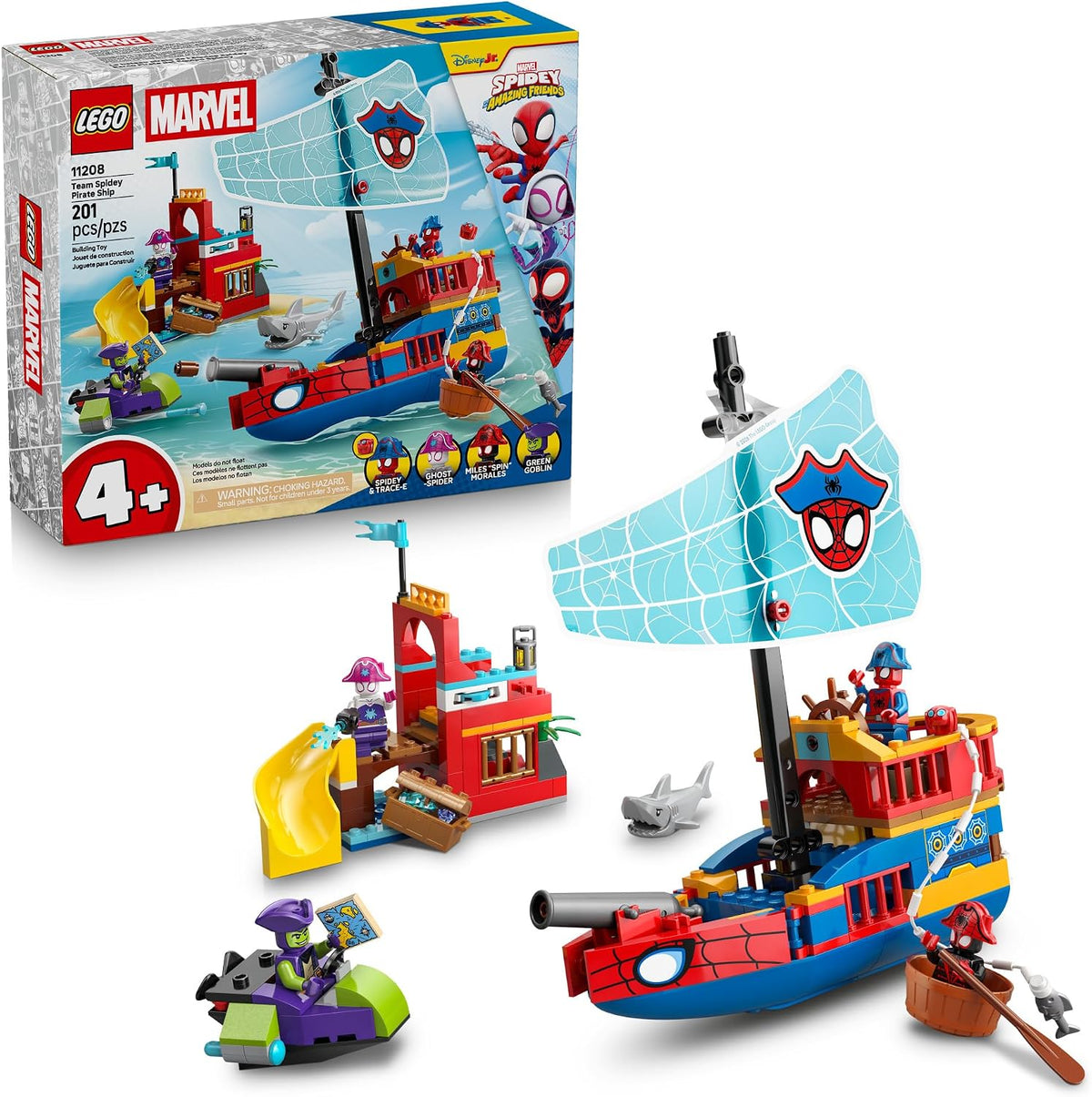 LEGO Spidey pirate ship set with minifigures and island