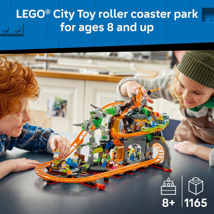 LEGO roller coaster loop with lava boulder feature