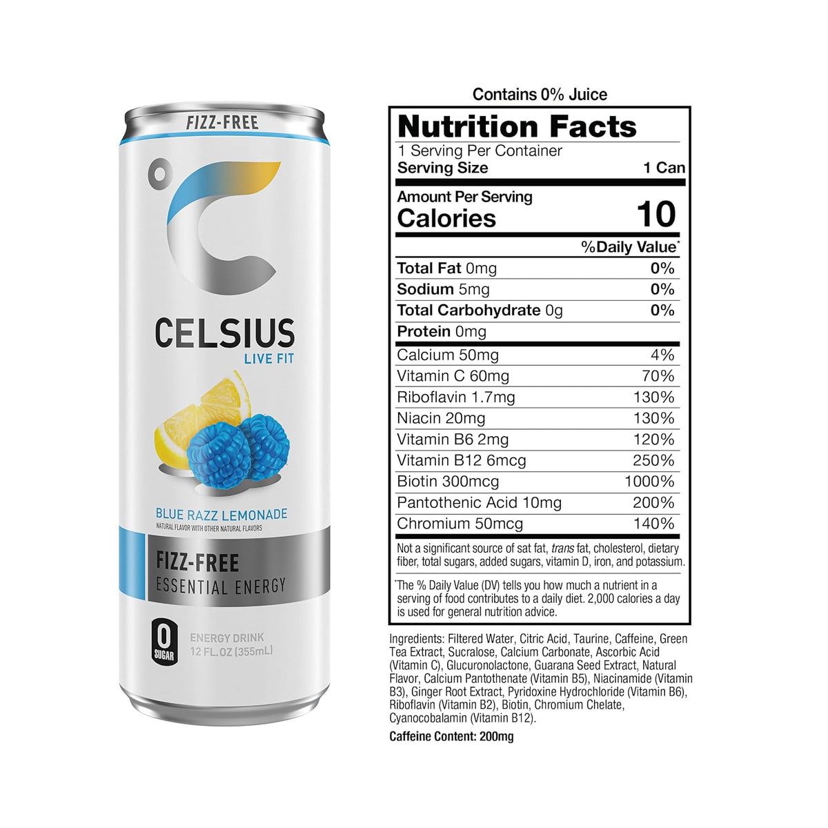 Non-carbonated CELSIUS Blue Razz Lemonade slim can