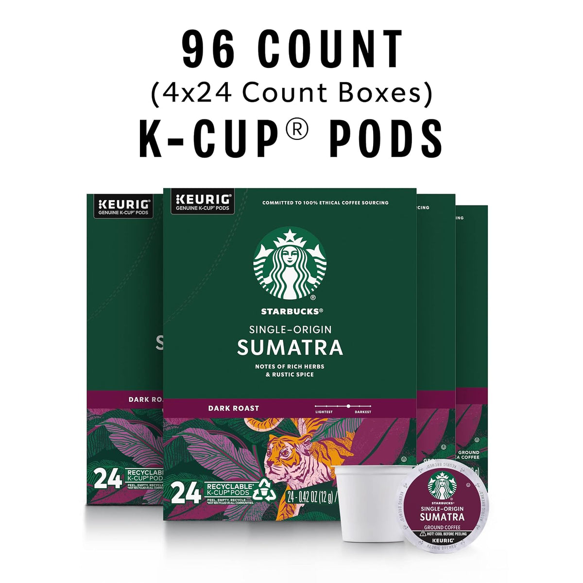 96 count Starbucks Sumatra K-Cup pods for Keurig brewers