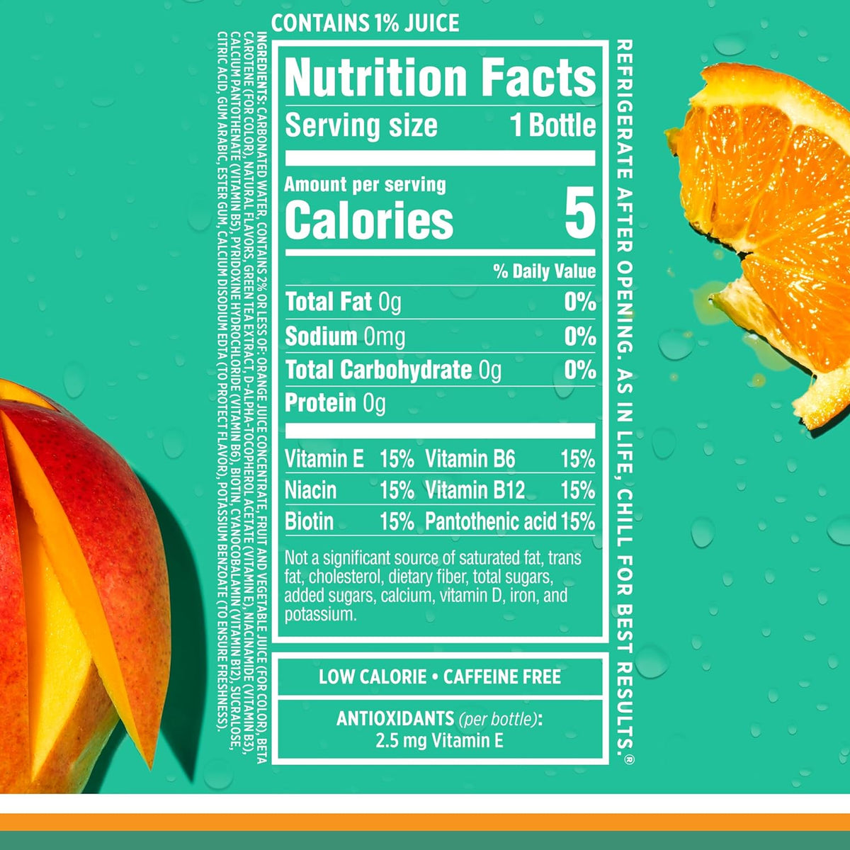 Orange Mango sparkling water with vitamins and antioxidants