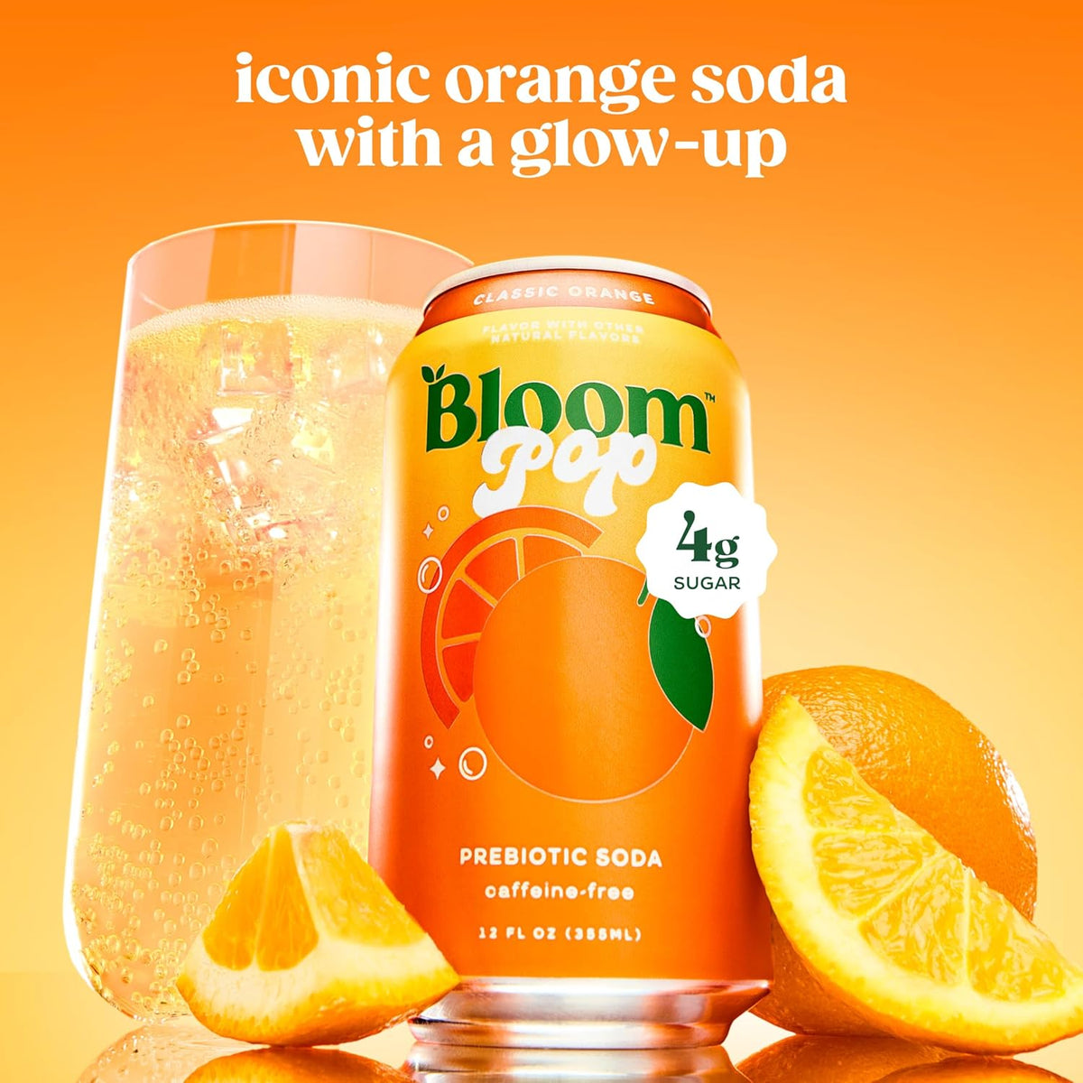 Bloom Pop prebiotic soda in Classic Orange, 12-pack