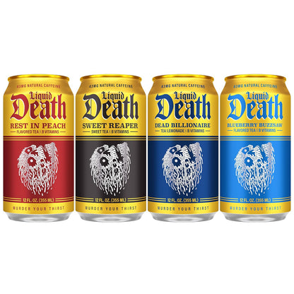 Liquid Death iced tea flavors Tea Lemonade and Rest in Peach