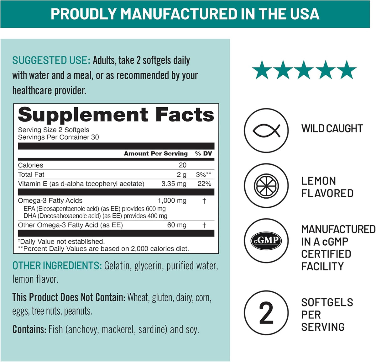 Sustainably sourced fish oil softgels with vitamin E