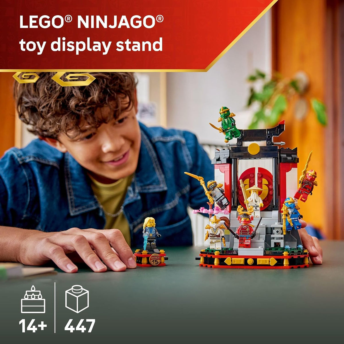LEGO NINJAGO character display with 8 figures