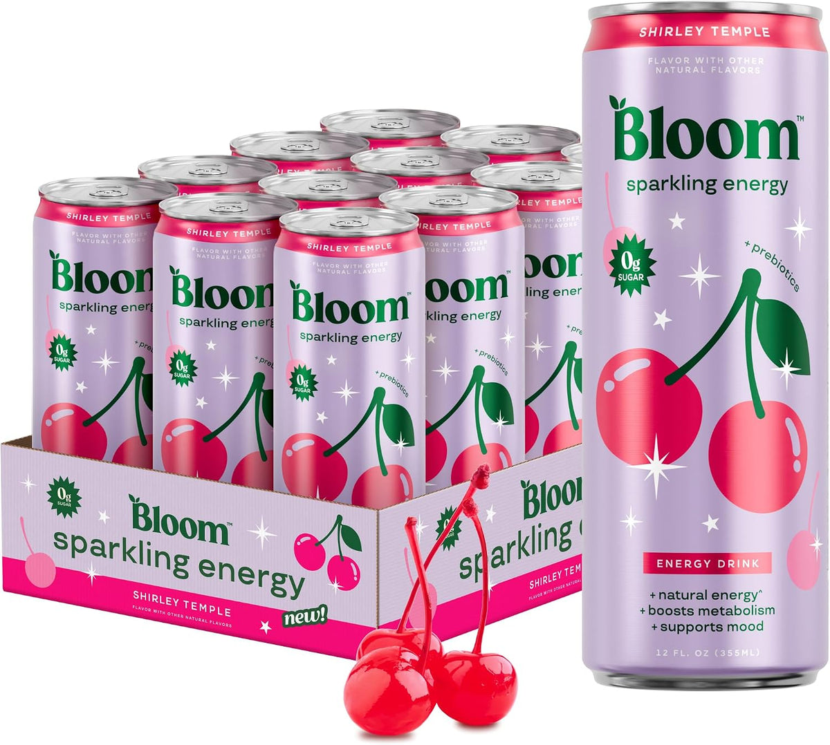 Bloom Nutrition energy drink can in Shirley Temple flavor