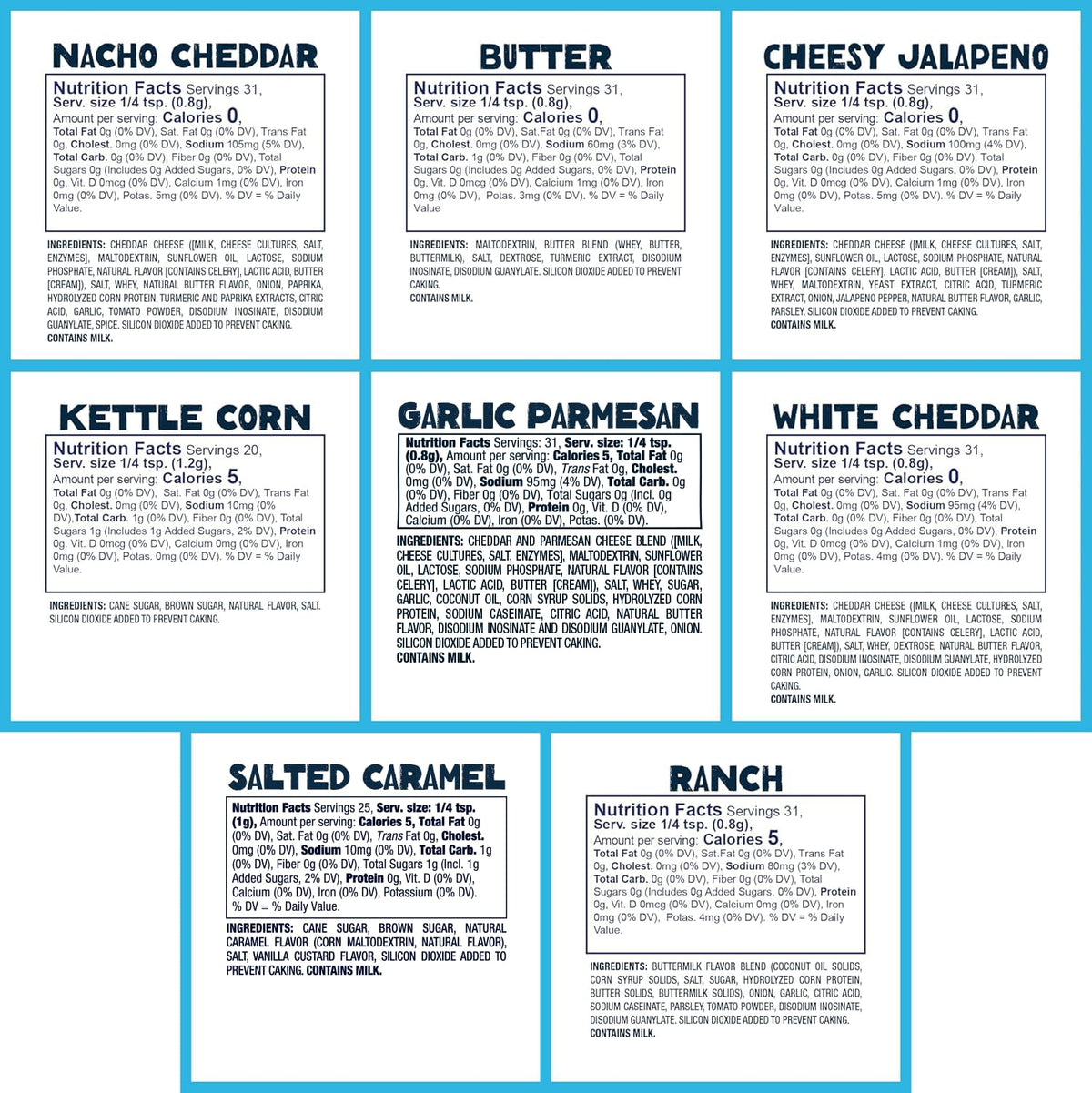 Assorted Kernel Season's popcorn seasoning jars