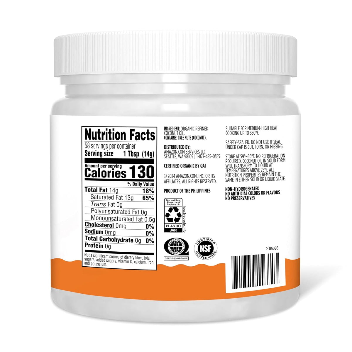 Organic refined coconut oil in a 30-fluid-ounce container