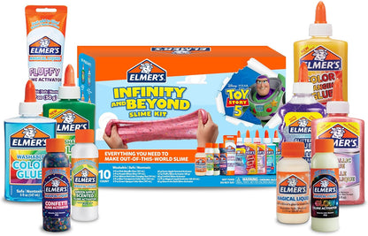 Colorful Elmer's slime glue bottles and activators
