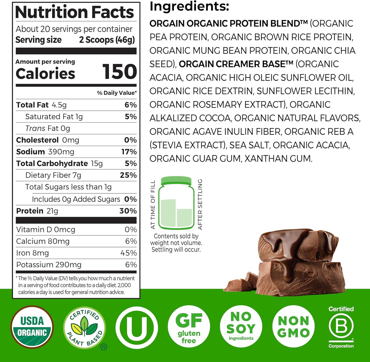 Visit the Orgain Store — Orgain Organic Vegan Protein Powder, Creamy Chocolate Fudge - 21g Plant Protein, 6g Prebiotic Fiber, Low Net Carb, No Lactose Ingredients, No Added Sugar, Non-GMO, For Shakes & Smoothies, 2.03 lb - product image 24